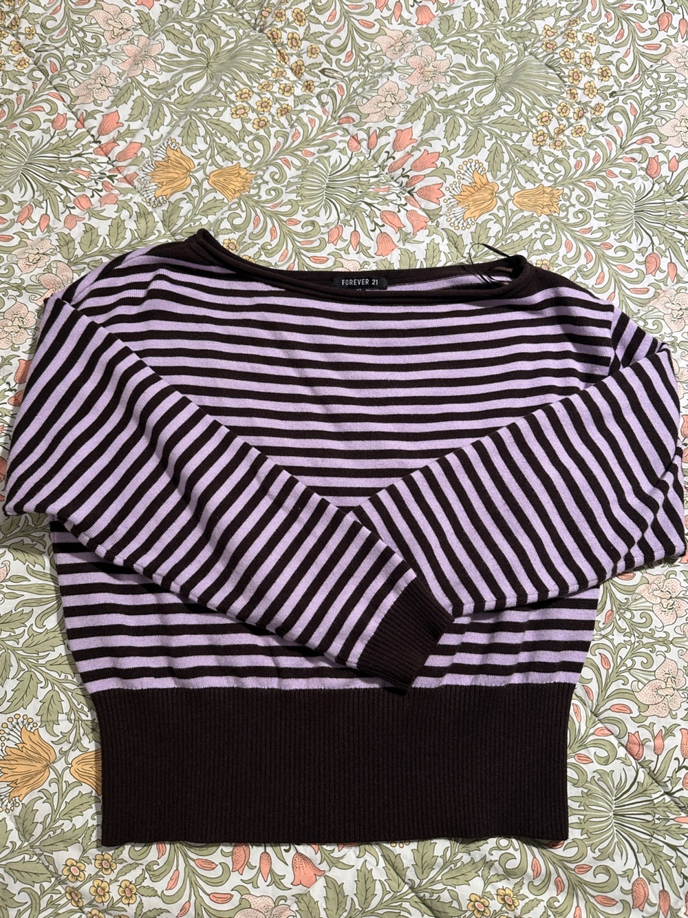 Forever 21 Brown and Lavender Striped Off-Shoulder Sweater